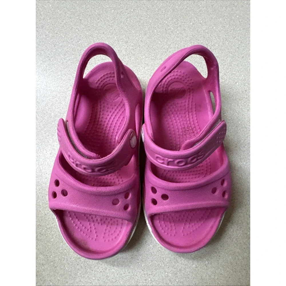 Crocs Crocband II Pink White Slip On Comfort Sandals Shoes Youth Girls Size 8